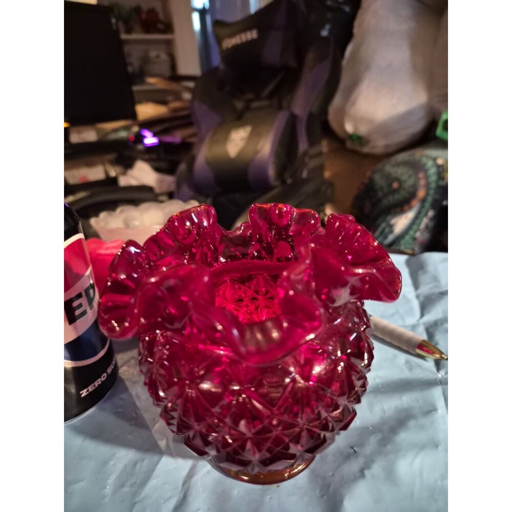 Vintage Fenton Art Glass Ruby Red Rose Bowl Vase With A Diamond Star Pattern And